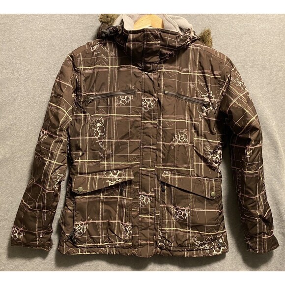 Turbine Snowboard Jacket Girls Large Brown Pink Ski Snow Floral Check‎ Fur Youth - Picture 1 of 16